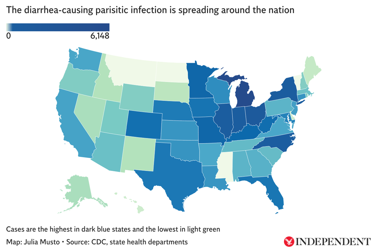 Mapped: More than 10,000 cases of diarrhea-causing parasite now reported across US