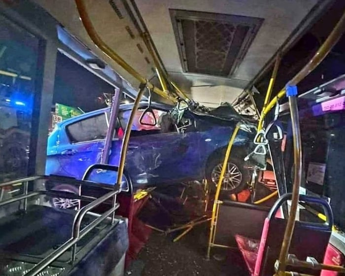 ‘A car in the bus!’: Toyota becomes airborne and then wedged in side of Brisbane bus