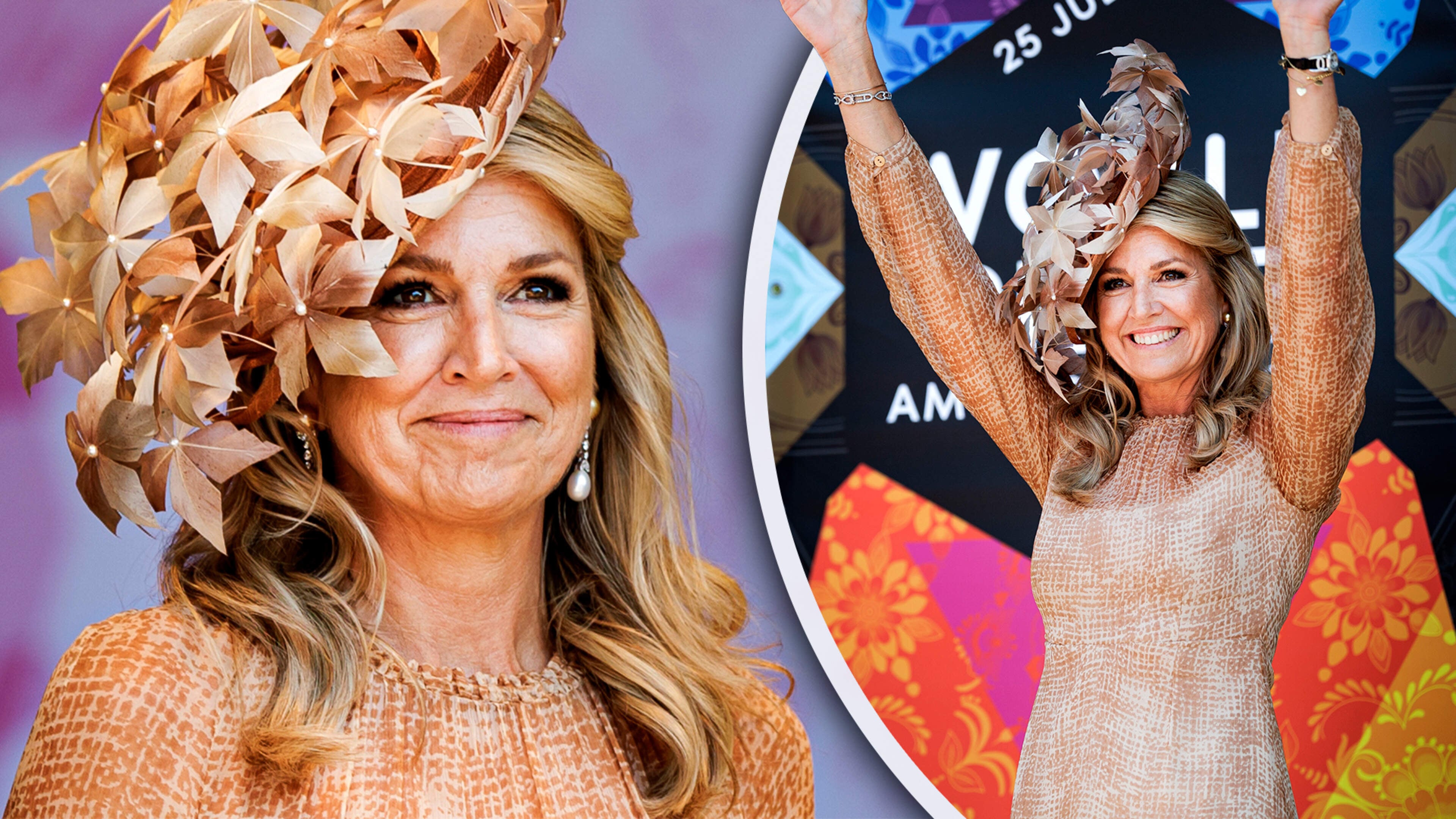 Zongebruinde Máxima verruilt badpak voor goud en beige bij opening Pride: spectaculaire hoed zagen we al eerder