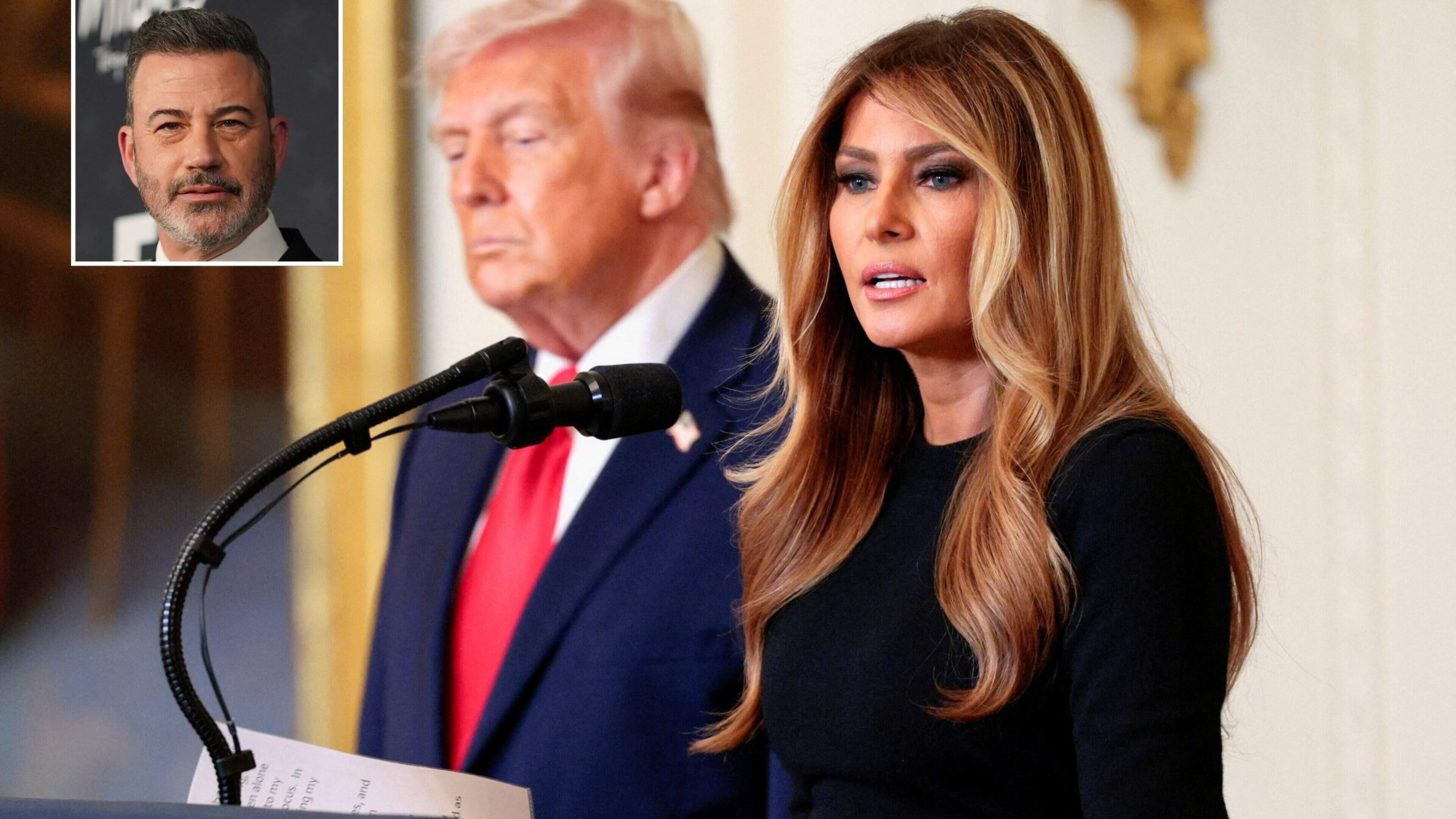 Donald én Melania Trump eisen ontslag van talkshowhost Jimmy Kimmel na grap over first lady: ’Ze straalt als een aanstaande weduwe’