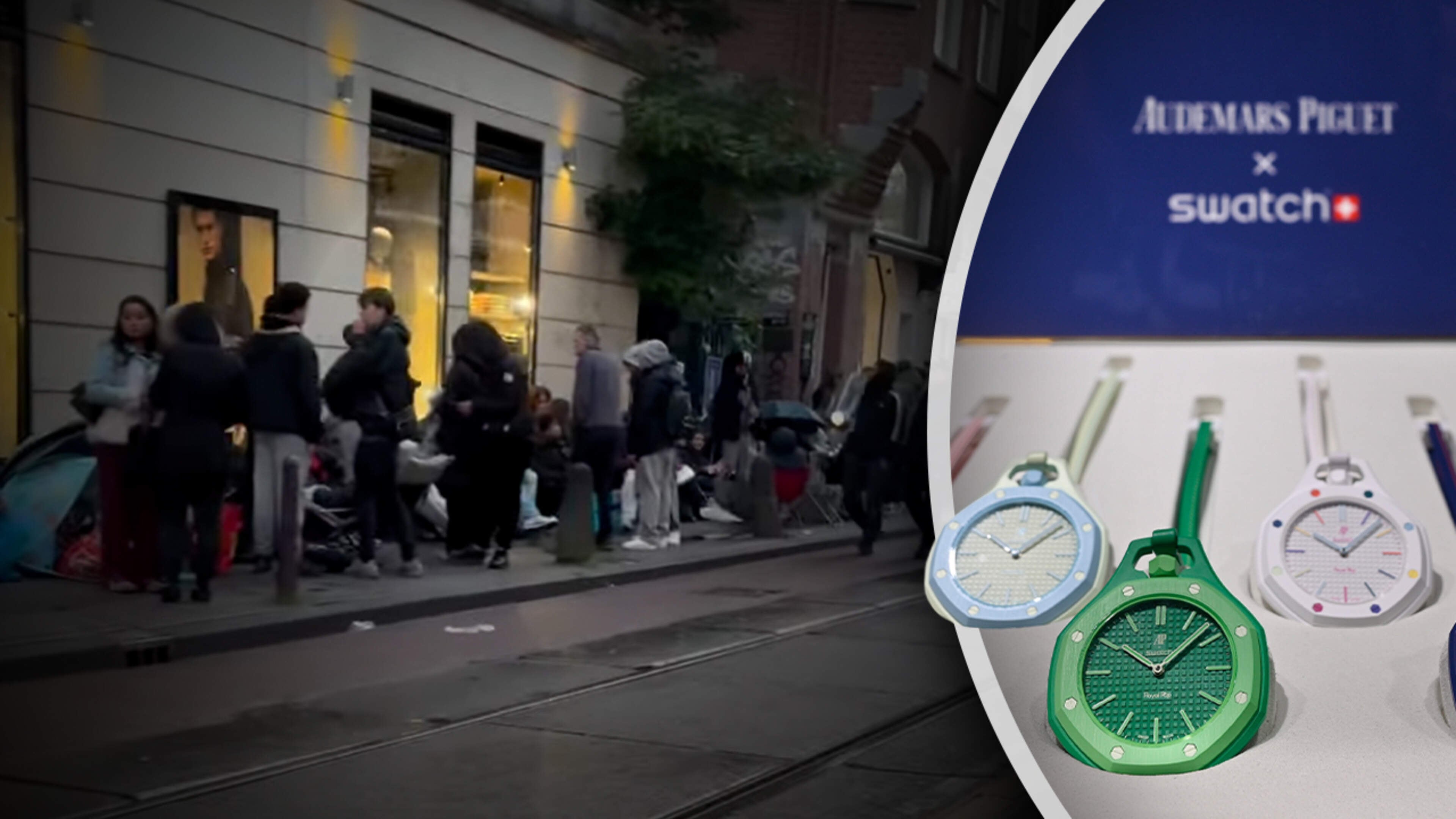 Lange rijen in P.C. Hooftstraat voor gewilde horloges uit ’Royal Pop’-collectie van Swatch en luxemerk Audemars Piguet