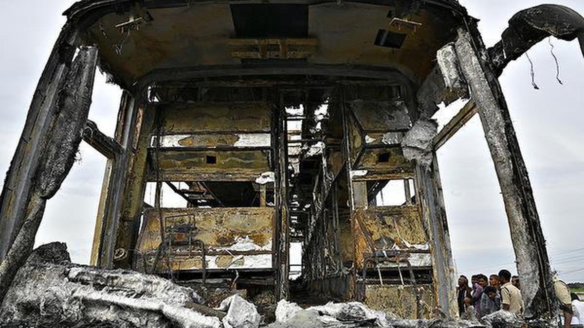 Bus goes up in flames after hit by two wheeler