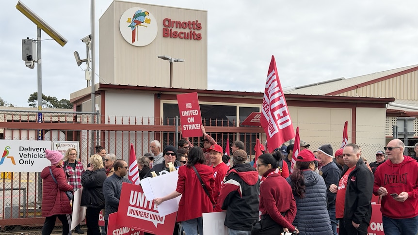 Arnott's workers strike over hourly pay rises worth less than a packet of biscuits